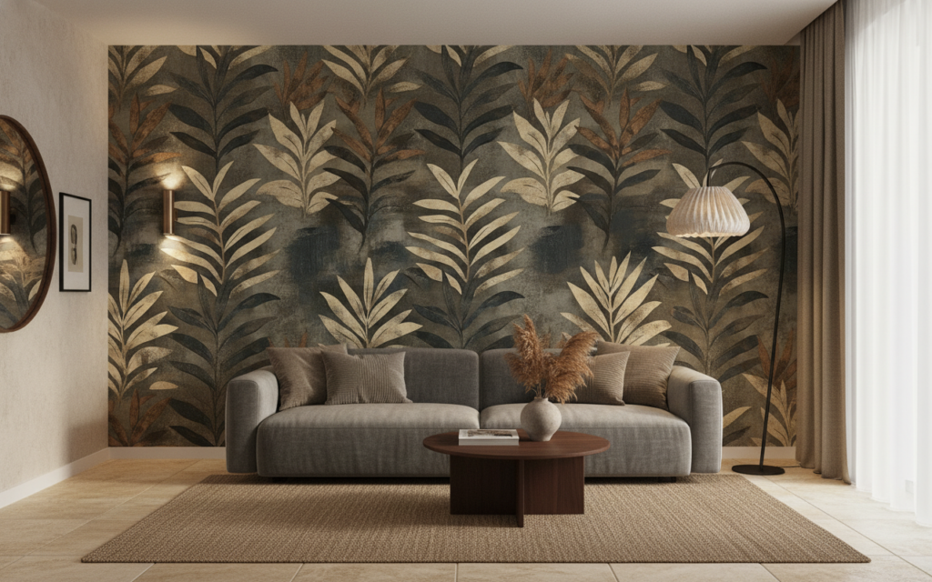 Papier peint jungle tropicale feuilles palmier effet vintage texturé - Salon / Séjour