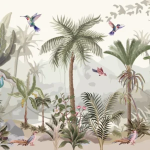 Papier Peint Jungle Tropicale avec Oiseaux Exotiques et Palmiers