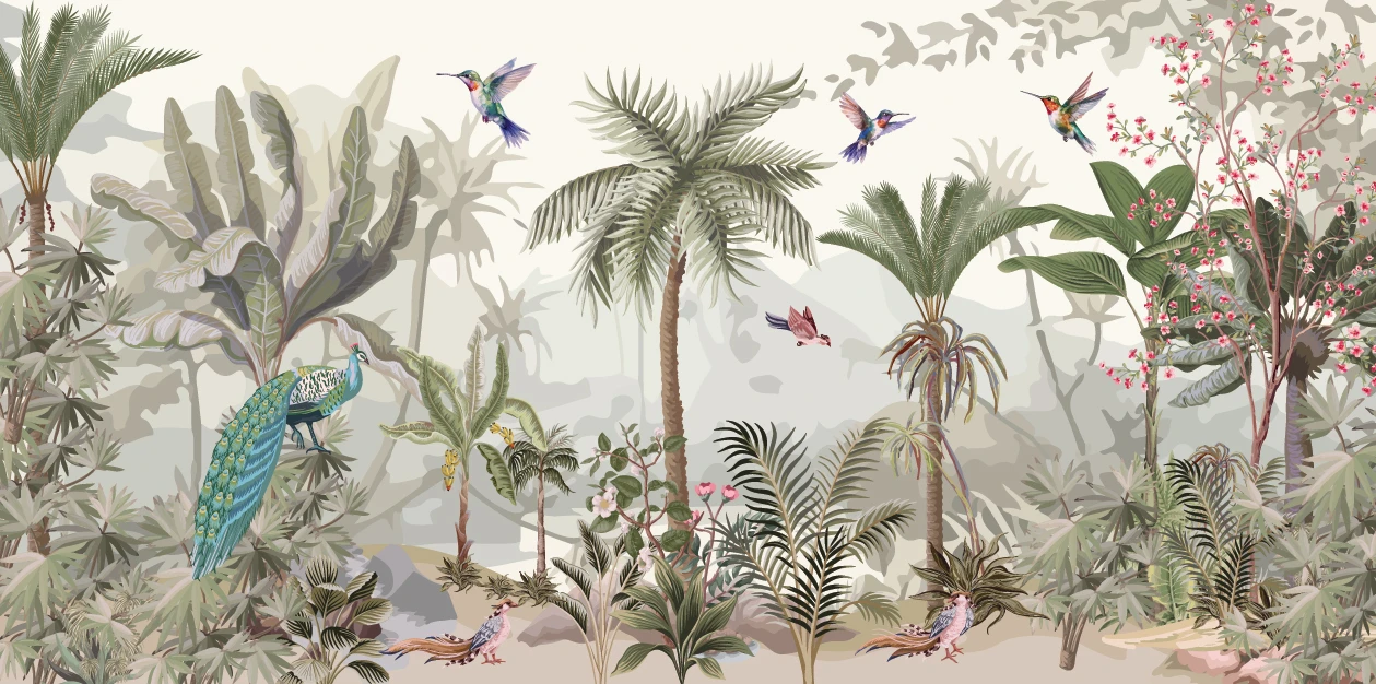 Papier Peint Jungle Tropicale avec Oiseaux Exotiques et Palmiers