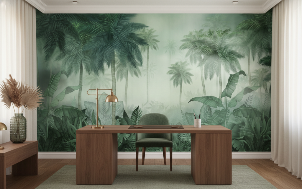 Papier Peint Jungle Tropicale Palmiers et Feuillages Verts Mystérieux - Bureau