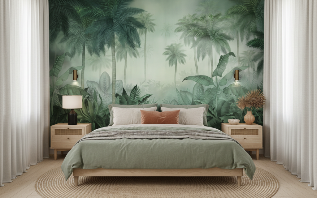 Papier Peint Jungle Tropicale Palmiers et Feuillages Verts Mystérieux - Chambre adulte