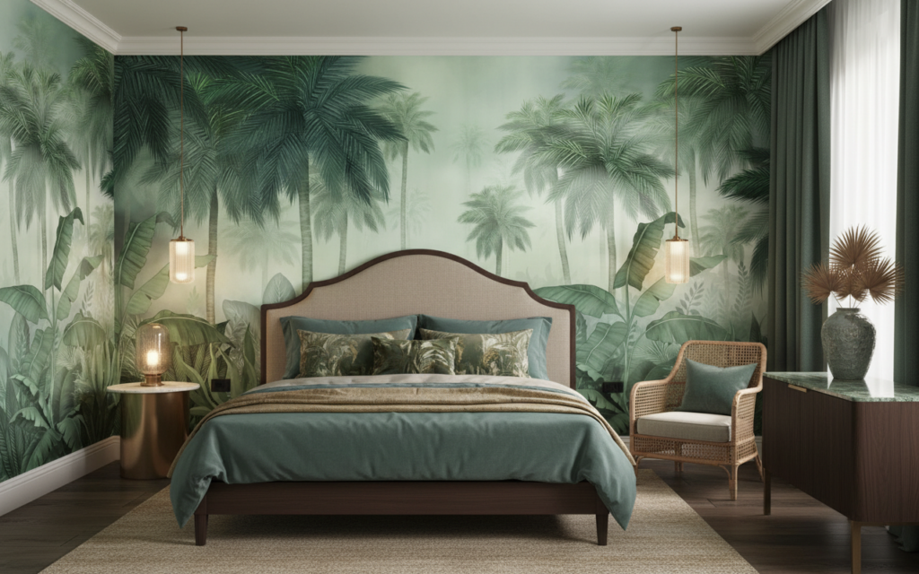 Papier Peint Jungle Tropicale Palmiers et Feuillages Verts Mystérieux - Hôtel