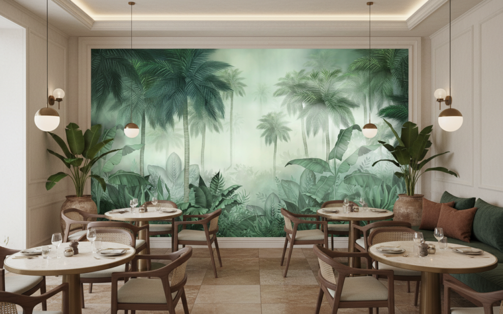 Papier Peint Jungle Tropicale Palmiers et Feuillages Verts Mystérieux - Restaurant