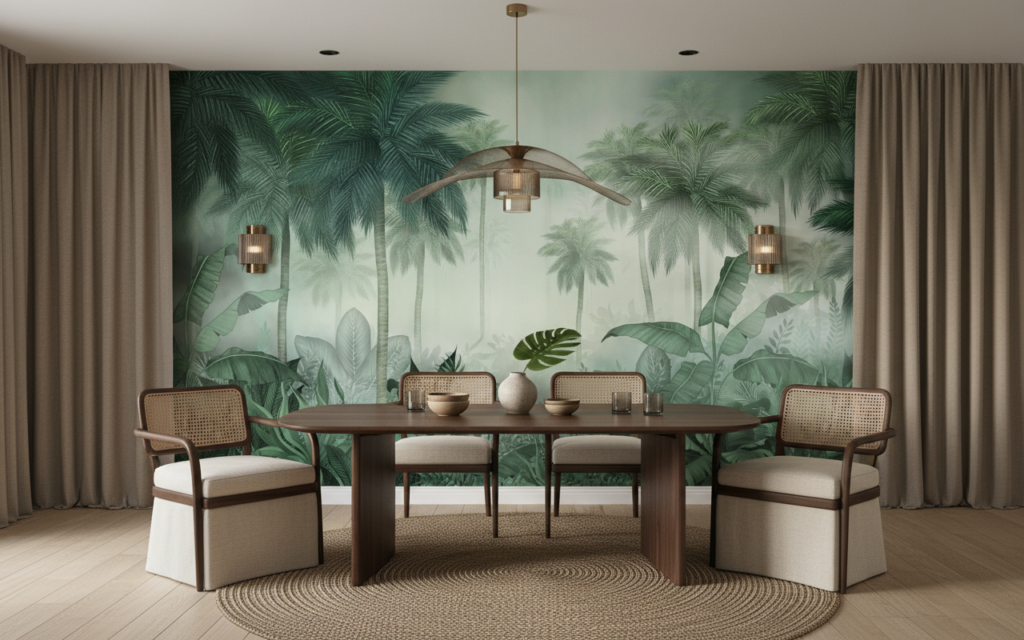 Papier Peint Jungle Tropicale Palmiers et Feuillages Verts Mystérieux - Salle à manger