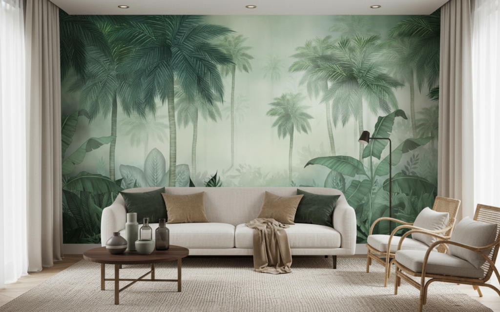 Papier Peint Jungle Tropicale Palmiers et Feuillages Verts Mystérieux - Salon / Séjour