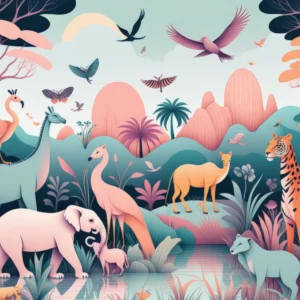 Papier peint jungle tropicale pastel avec animaux exotiques
