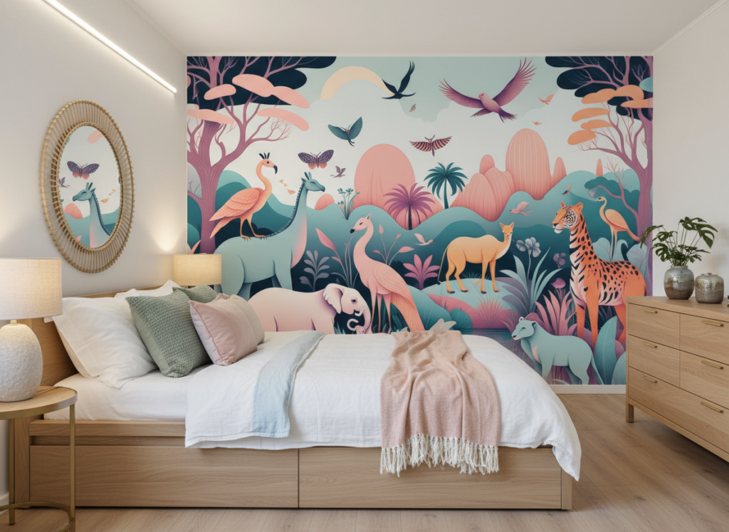 Papier peint jungle tropicale pastel avec animaux exotiques - Chambre adulte
