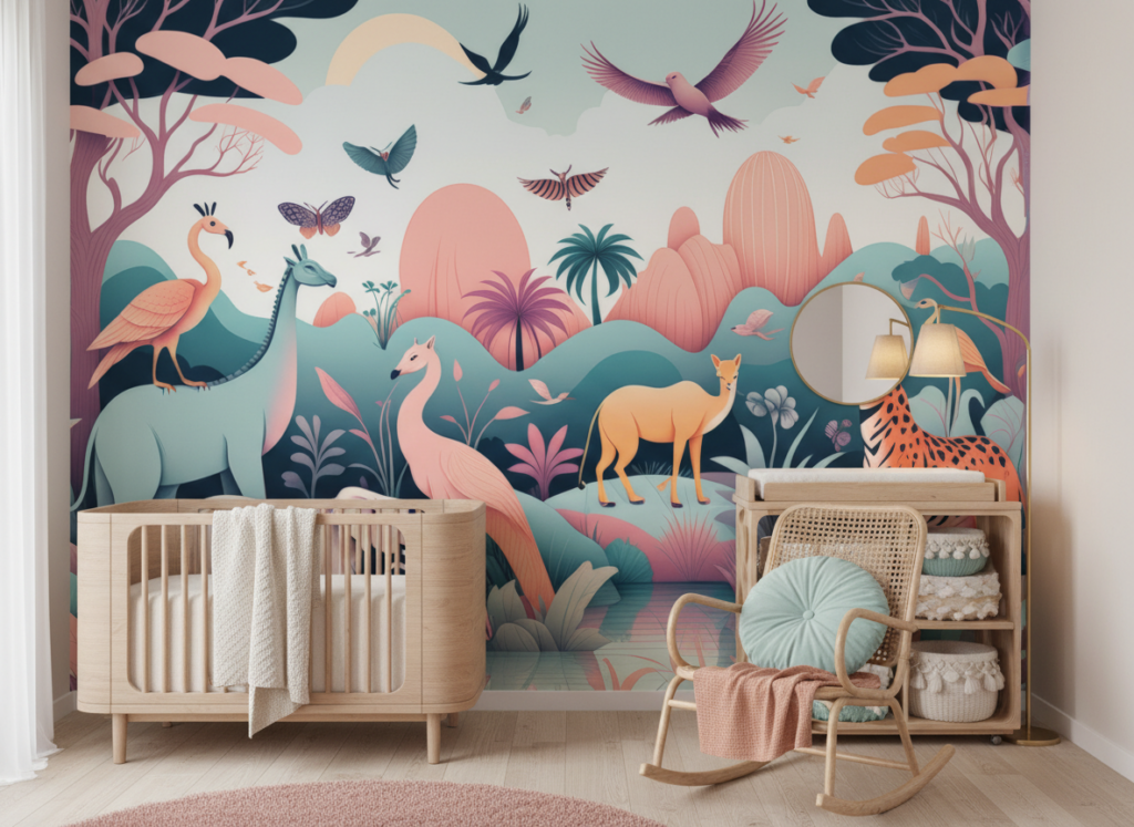 Papier peint jungle tropicale pastel avec animaux exotiques - Chambre bébé