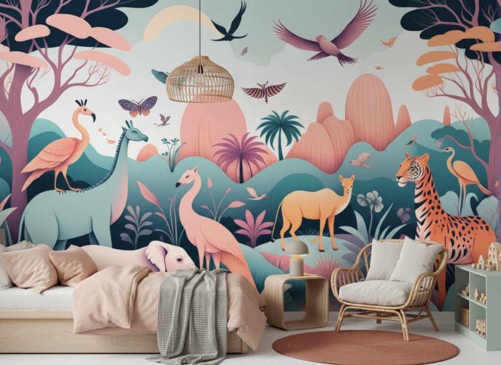 Papier peint jungle tropicale pastel avec animaux exotiques - Chambre enfant