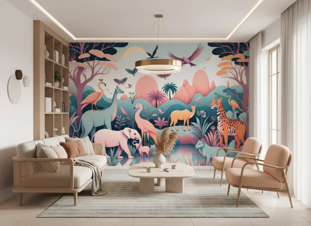 Papier peint jungle tropicale pastel avec animaux exotiques - Salon / Séjour