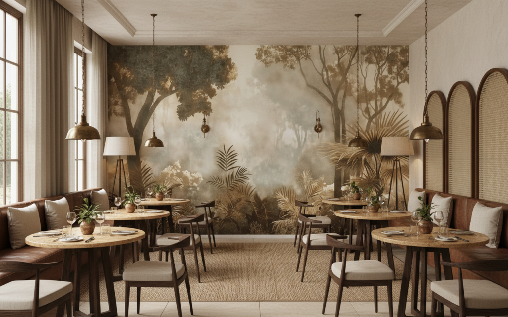 Papier peint jungle tropicale sépia ambiance safari vintage - Restaurant