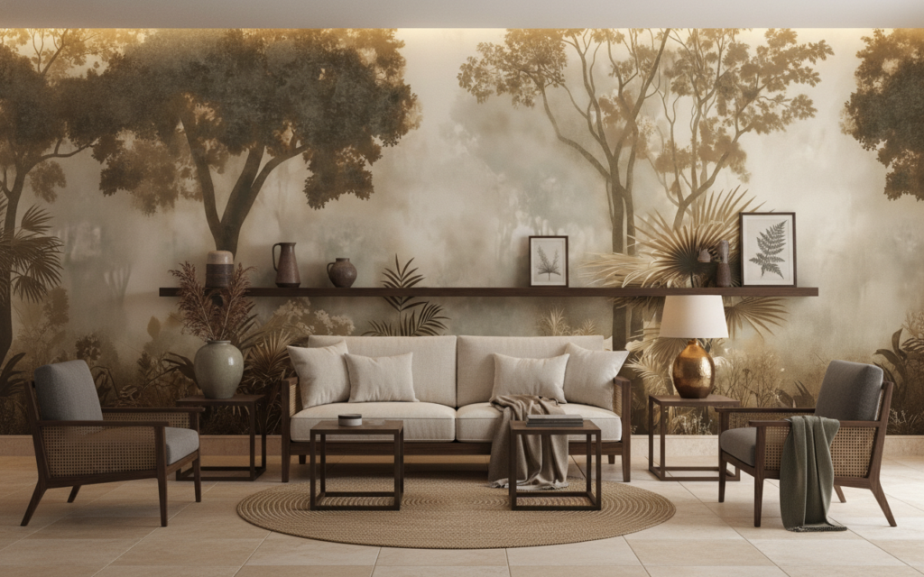 Papier peint jungle tropicale sépia ambiance safari vintage - Salon / Séjour