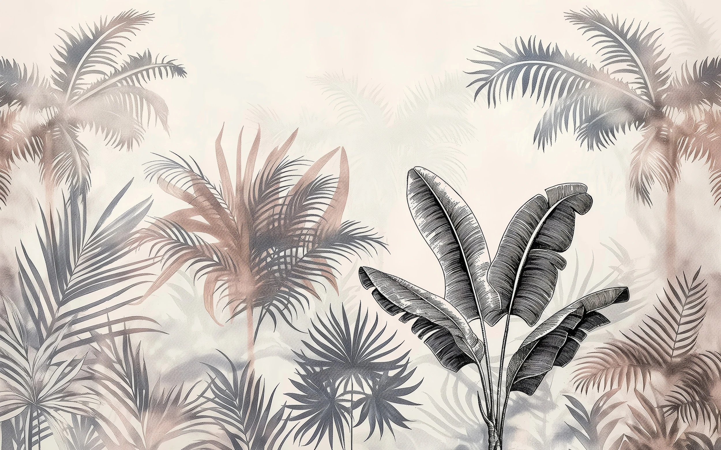 Papier peint jungle tropicale tons beiges et gris naturels