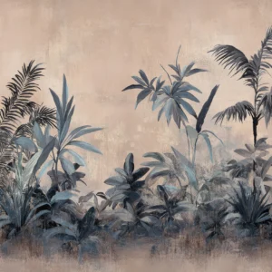 Papier peint jungle tropicale vintage aux tons beiges et bleus
