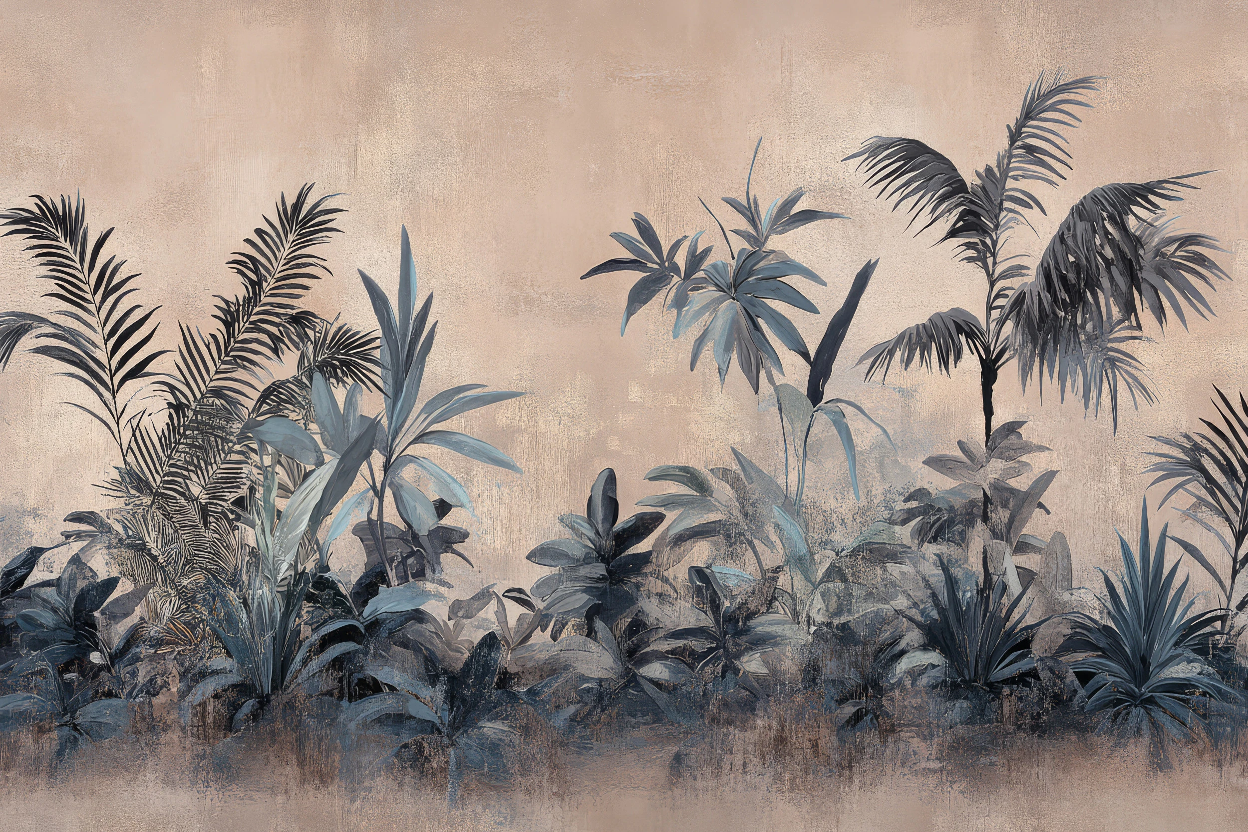 Papier peint jungle tropicale vintage aux tons beiges et bleus