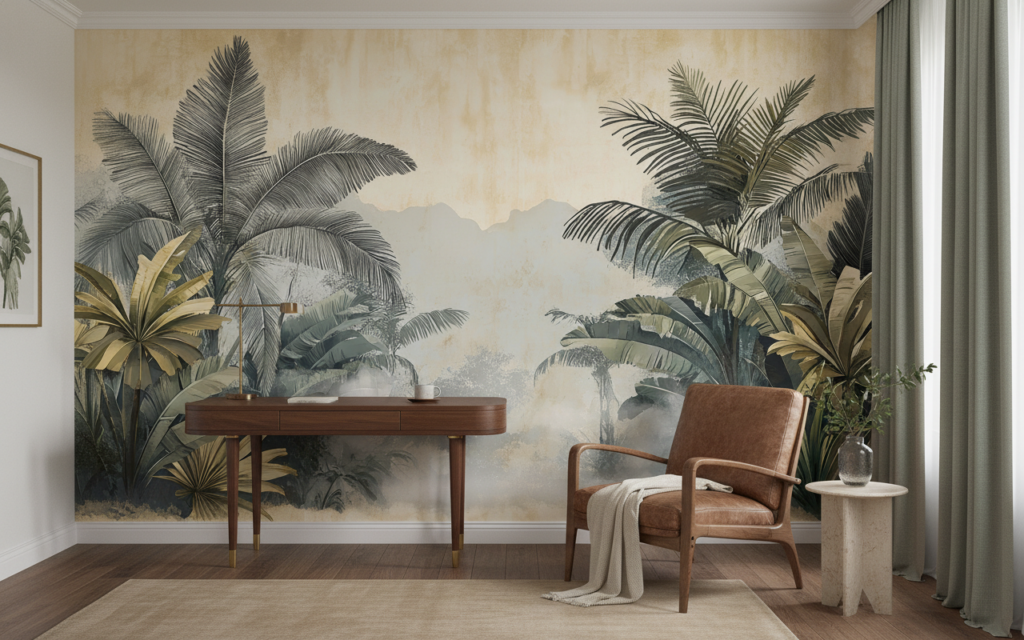 Papier Peint Jungle Tropicale Vintage aux Tons Dorés Apaisants - Bureau