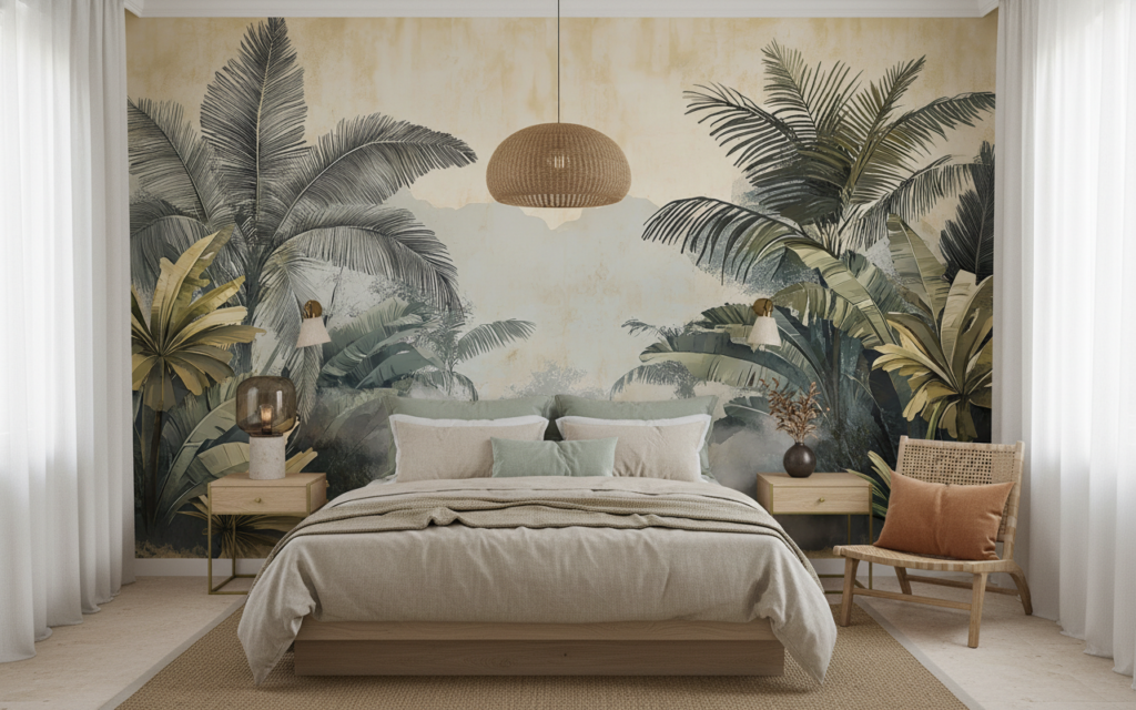 Papier Peint Jungle Tropicale Vintage aux Tons Dorés Apaisants - Chambre adulte