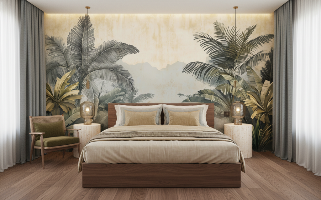 Papier Peint Jungle Tropicale Vintage aux Tons Dorés Apaisants - Hôtel