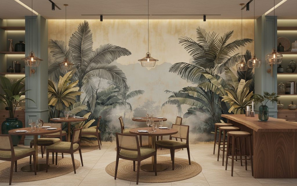 Papier Peint Jungle Tropicale Vintage aux Tons Dorés Apaisants - Restaurant