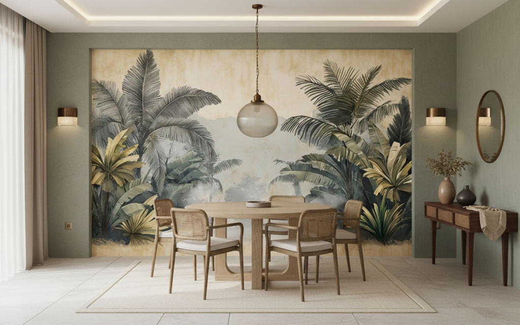 Papier Peint Jungle Tropicale Vintage aux Tons Dorés Apaisants - Salle à manger