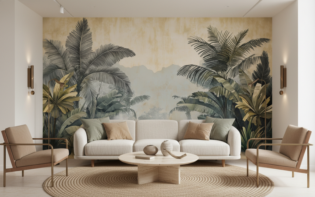 Papier Peint Jungle Tropicale Vintage aux Tons Dorés Apaisants - Salon / Séjour