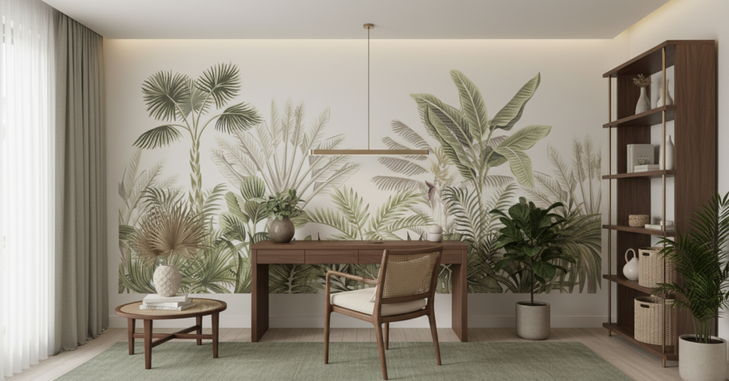 Papier Peint Jungle Tropicale Vintage aux Tons Vert Olive - Bureau