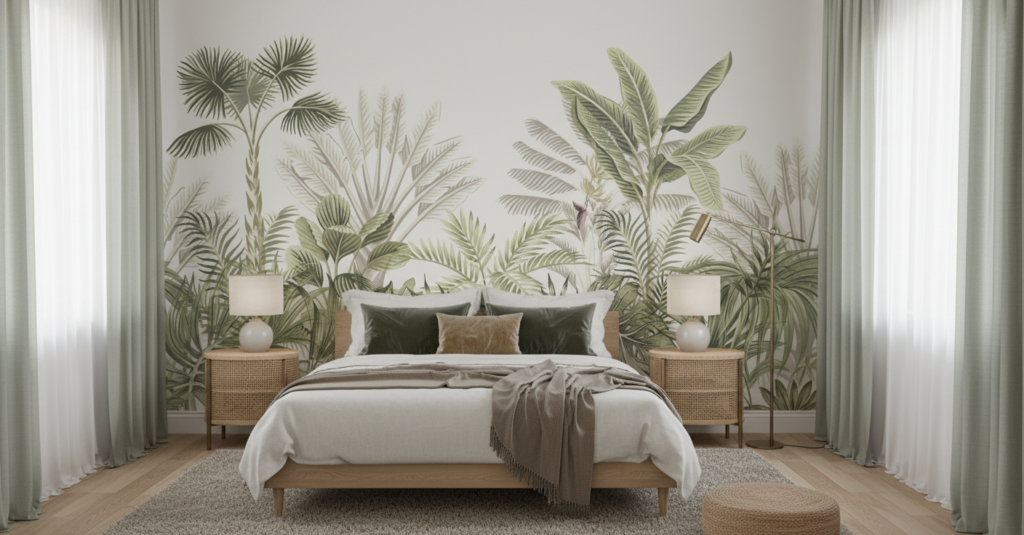 Papier Peint Jungle Tropicale Vintage aux Tons Vert Olive - Chambre adulte