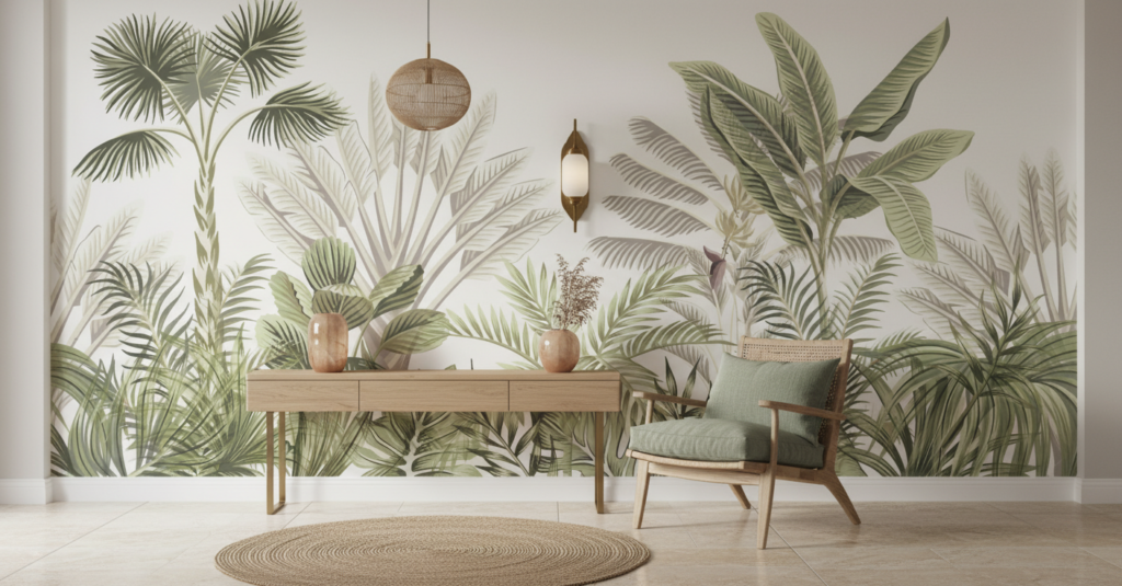 Papier Peint Jungle Tropicale Vintage aux Tons Vert Olive - Entrée