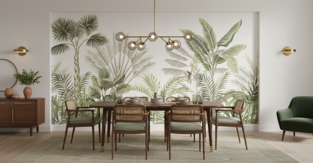 Papier Peint Jungle Tropicale Vintage aux Tons Vert Olive - Salle à manger