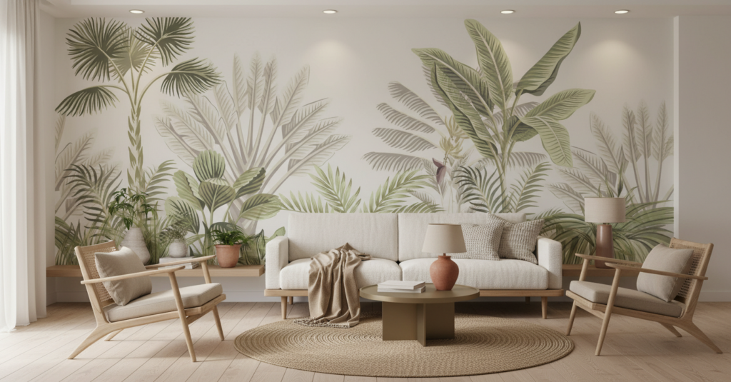 Papier Peint Jungle Tropicale Vintage aux Tons Vert Olive - Salon / Séjour