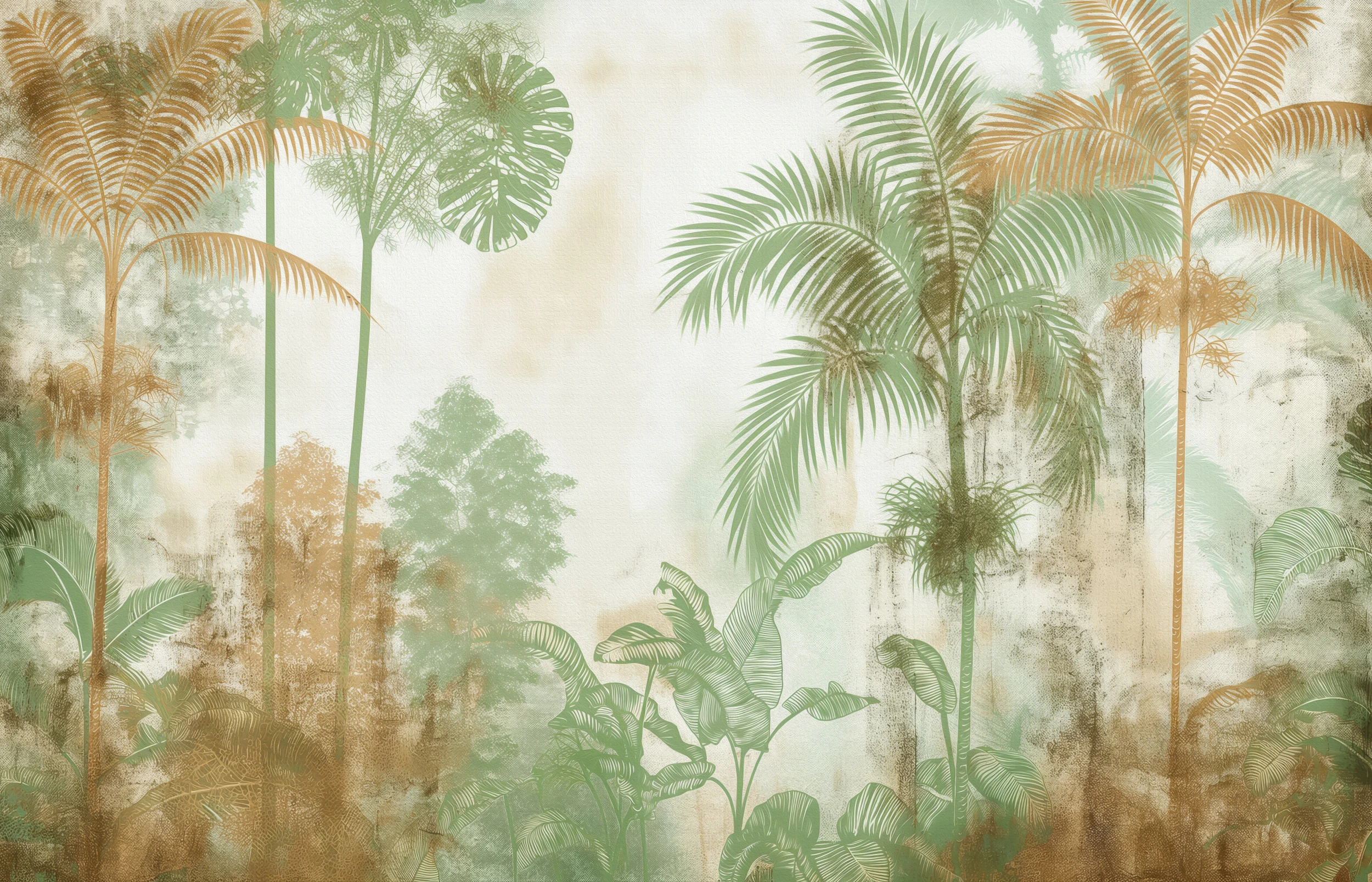 Papier Peint Jungle Tropicale Vintage aux Tons Verts et Dorés