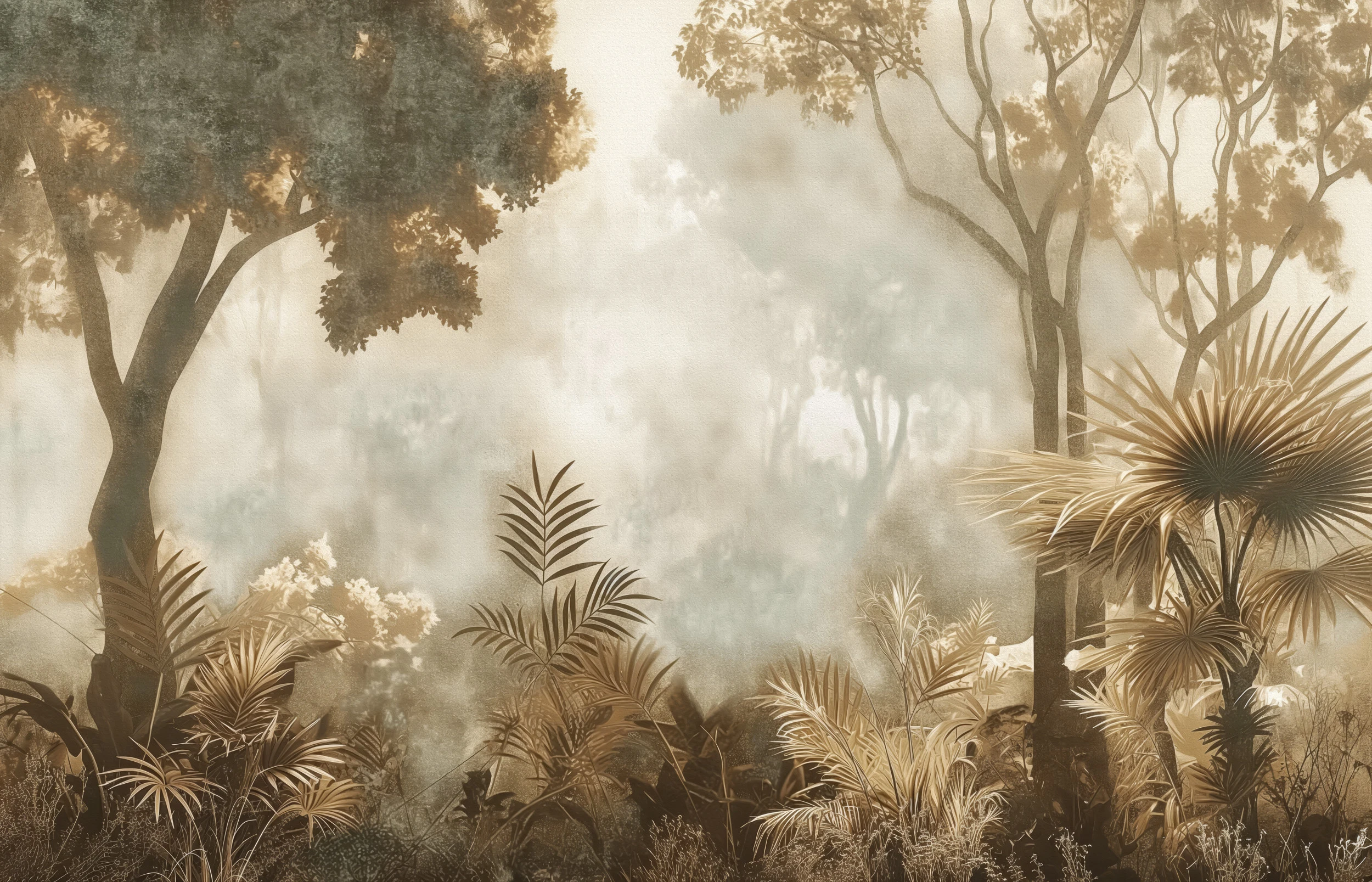 Papier Peint Jungle Tropicale Vintage Sépia et Dorée