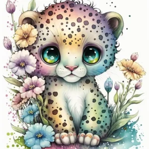Papier Peint Léopard Kawaii Aquarelle Fleurs Multicolores Enfant