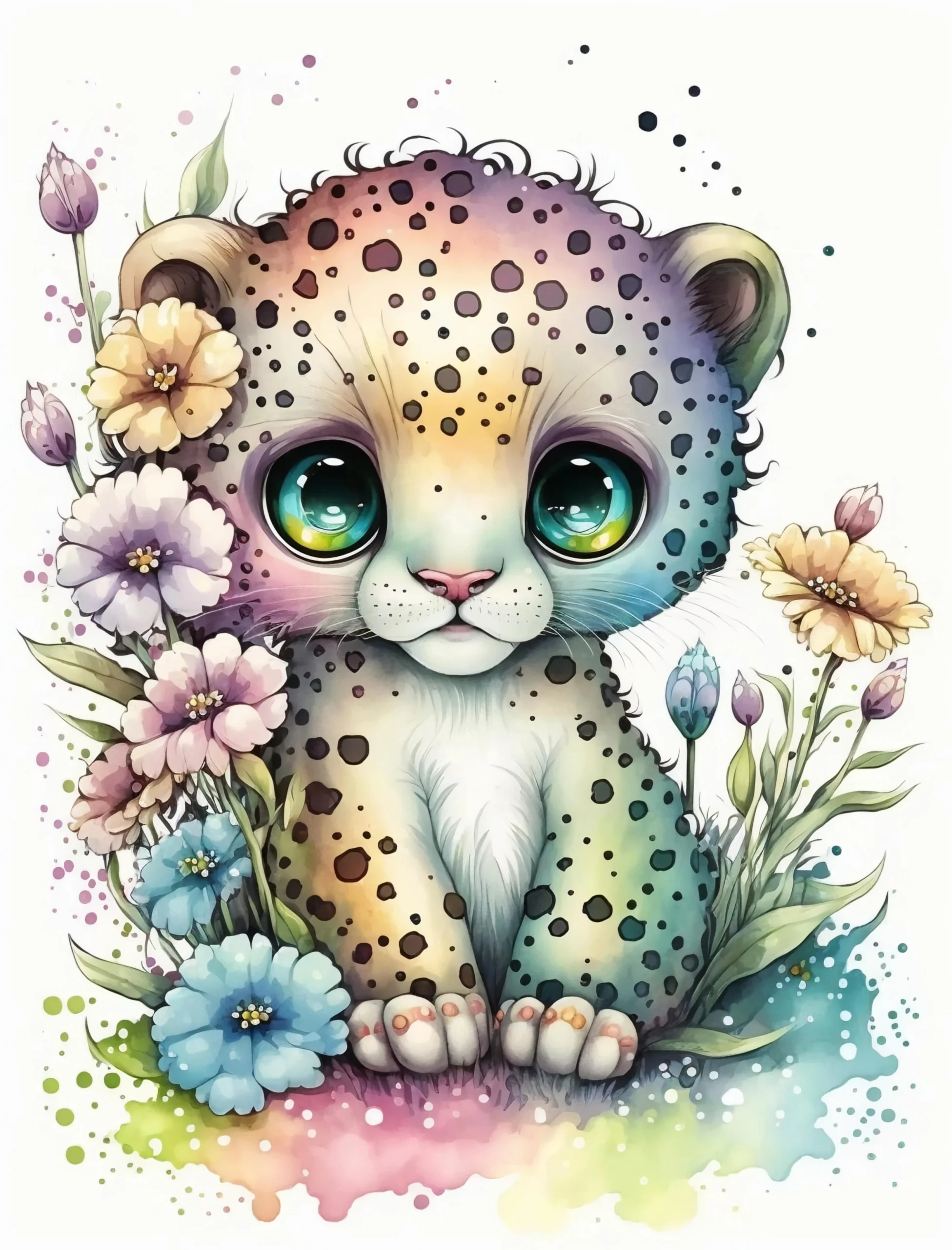 Papier Peint Léopard Kawaii Aquarelle Fleurs Multicolores Enfant
