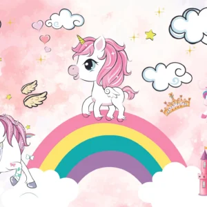Papier peint féerique licornes arc-en-ciel château rose nuages étoilés