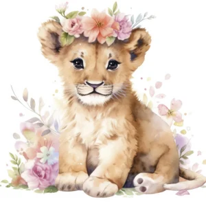 Papier Peint Lionceau Adorable Couronne de Fleurs Aquarelle Pastel