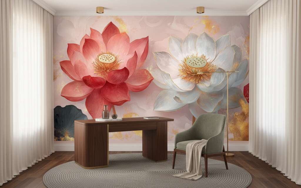 Papier Peint Lotus Artistique Rose et Blanc Doré - Bureau