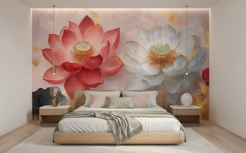 Papier Peint Lotus Artistique Rose et Blanc Doré - Chambre adulte