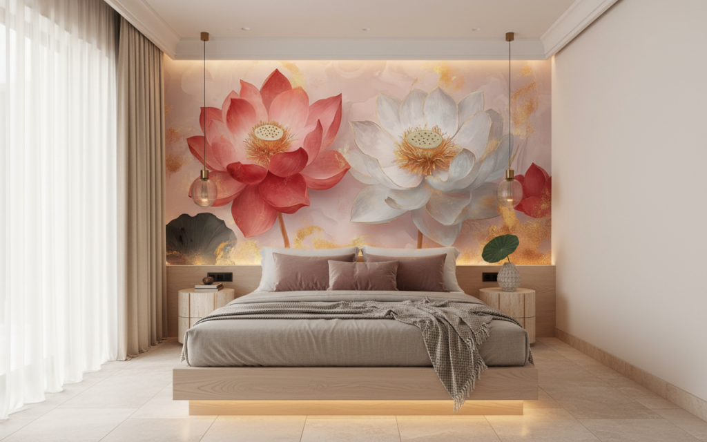 Papier Peint Lotus Artistique Rose et Blanc Doré - Hôtel