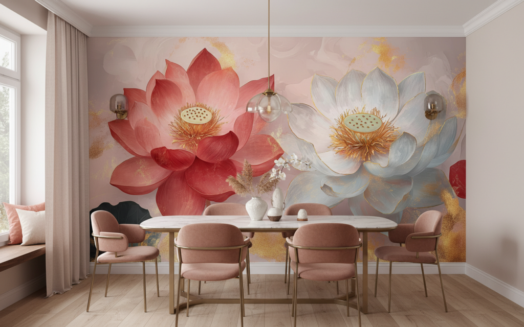 Papier Peint Lotus Artistique Rose et Blanc Doré - Salle à manger