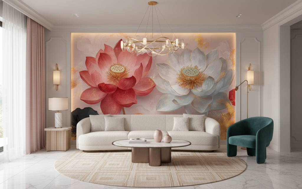 Papier Peint Lotus Artistique Rose et Blanc Doré - Salon / Séjour