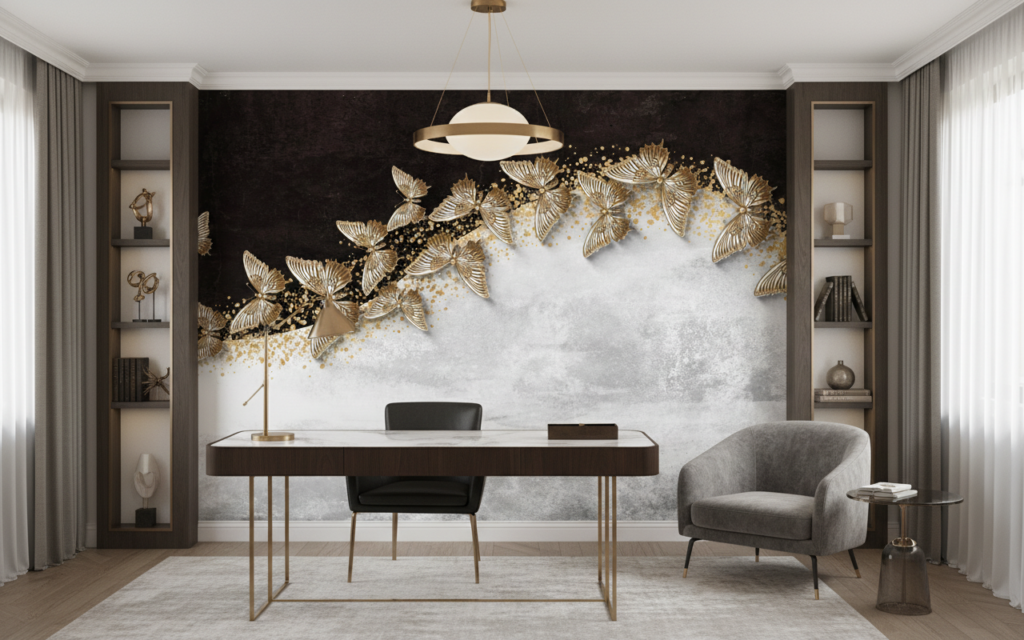 Papier peint luxueux papillons dorés sur fond marbré noir et blanc - Bureau