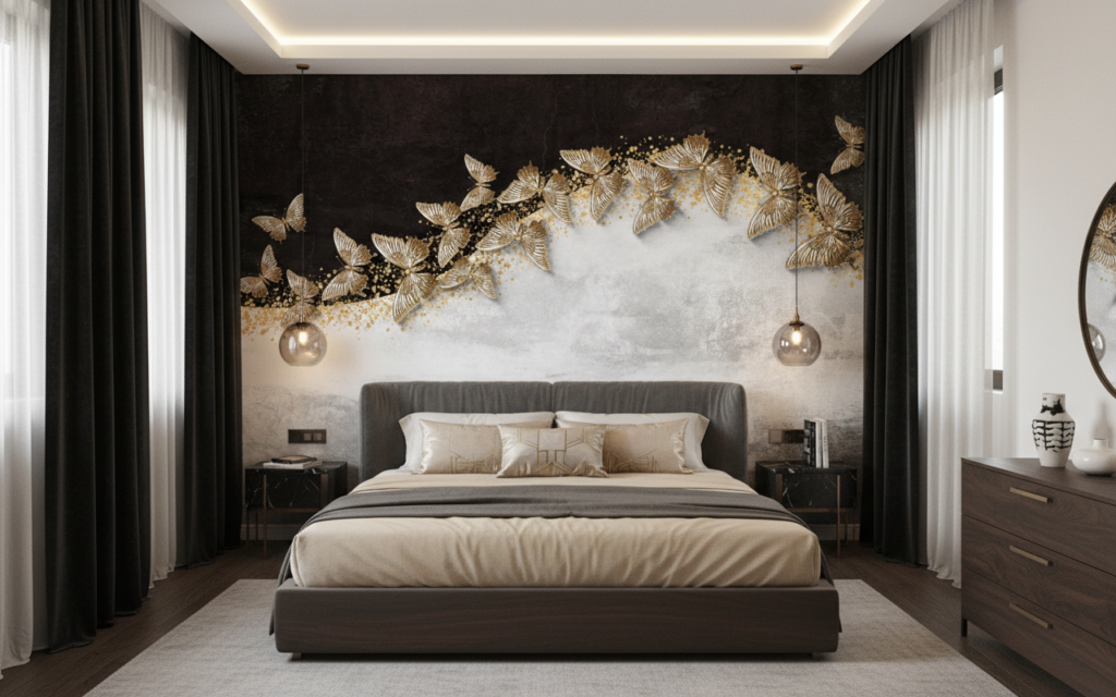 Papier peint luxueux papillons dorés sur fond marbré noir et blanc - Chambre adulte