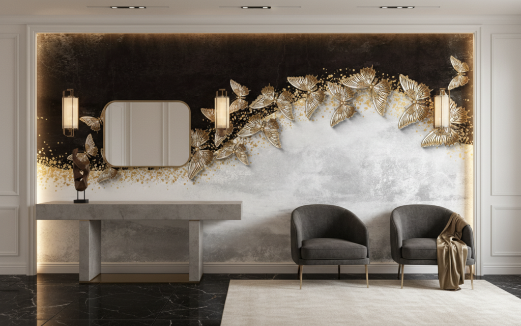 Papier peint luxueux papillons dorés sur fond marbré noir et blanc - Entrée