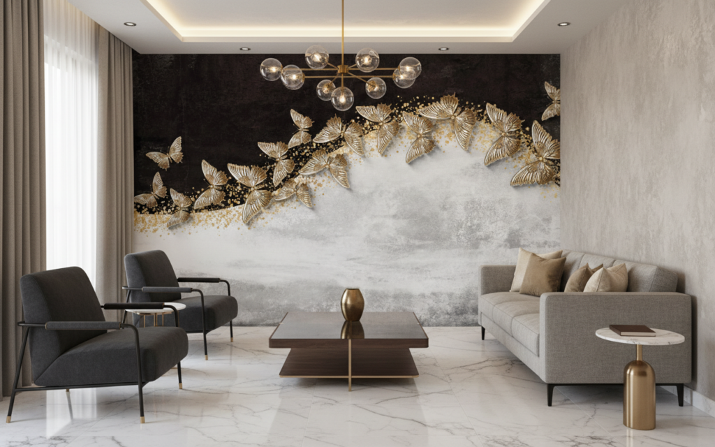 Papier peint luxueux papillons dorés sur fond marbré noir et blanc - Hôtel