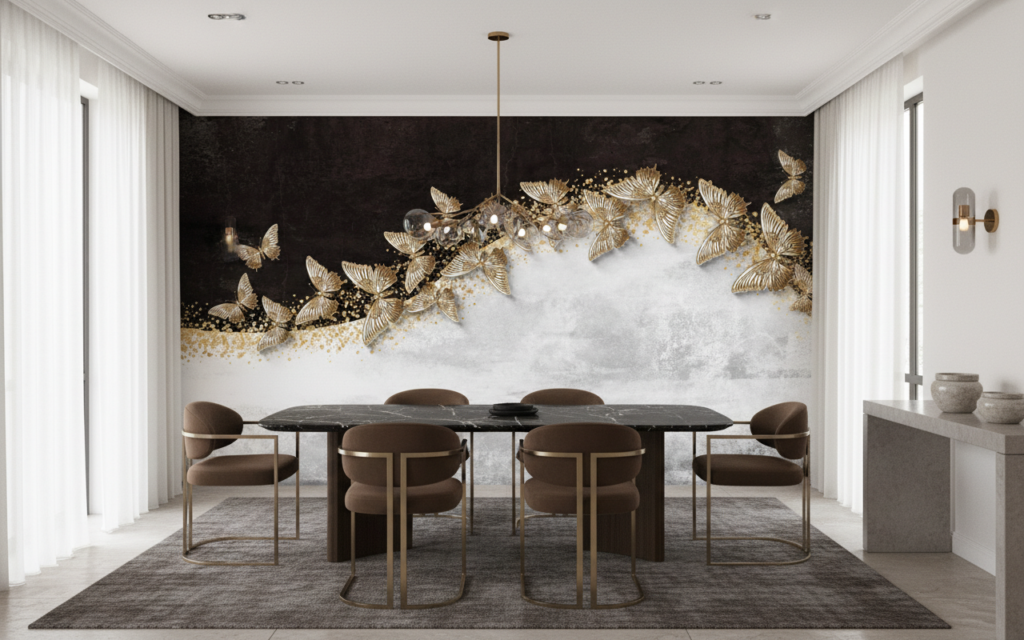 Papier peint luxueux papillons dorés sur fond marbré noir et blanc - Salle à manger