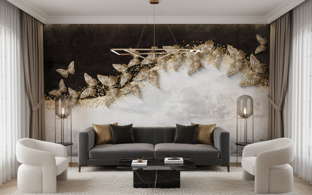 Papier peint luxueux papillons dorés sur fond marbré noir et blanc - Salon / Séjour