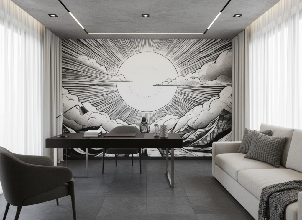 Papier peint manga soleil rayonnant et nuages dynamiques noir blanc - Bureau