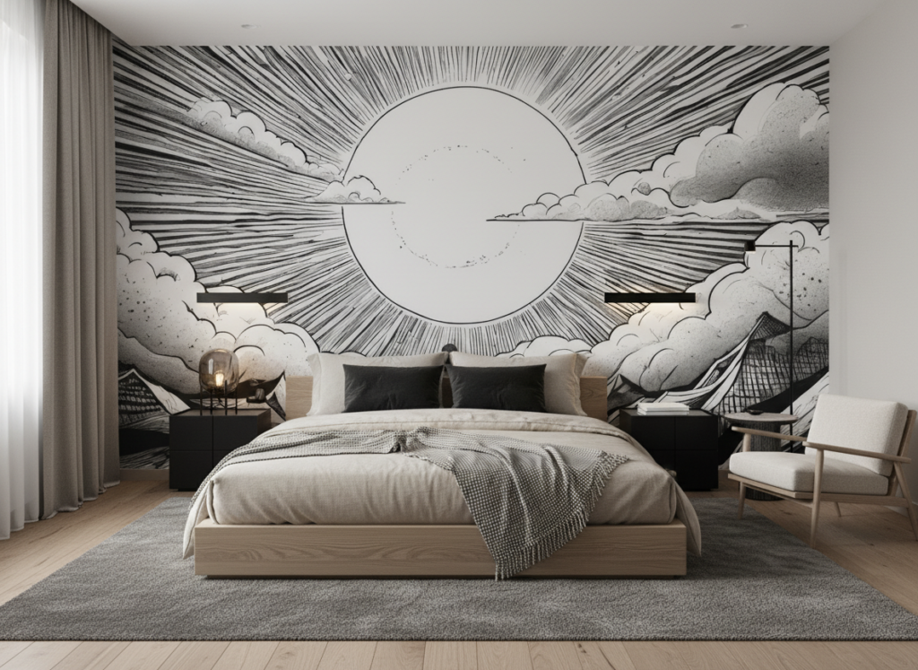 Papier peint manga soleil rayonnant et nuages dynamiques noir blanc - Chambre adulte