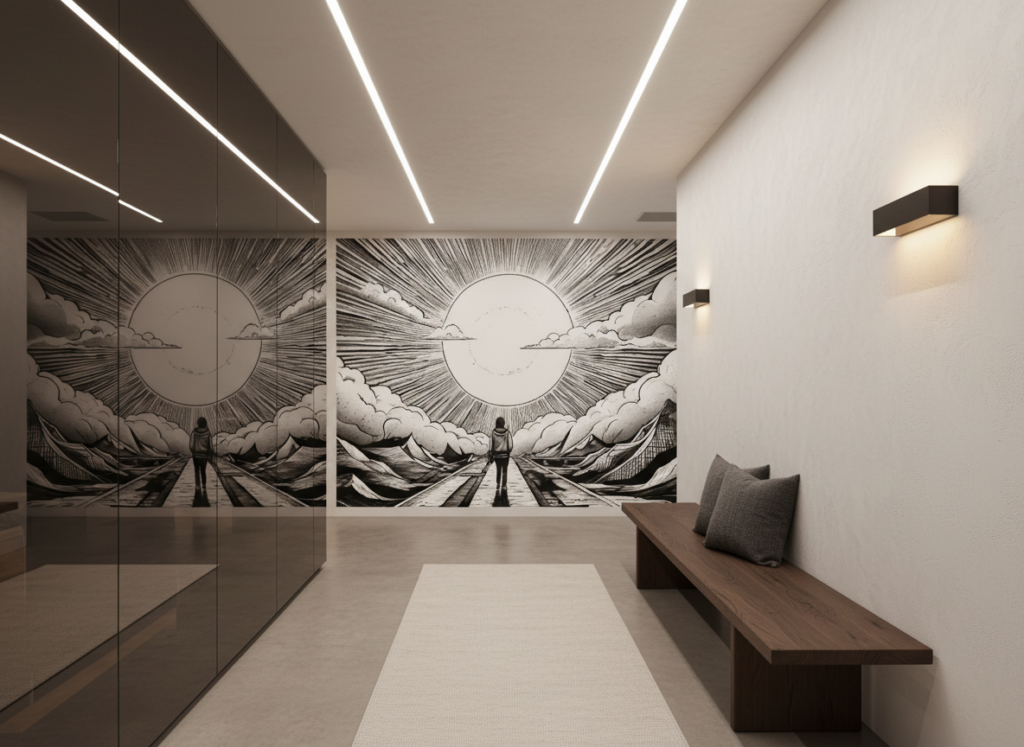 Papier peint manga soleil rayonnant et nuages dynamiques noir blanc - Couloir